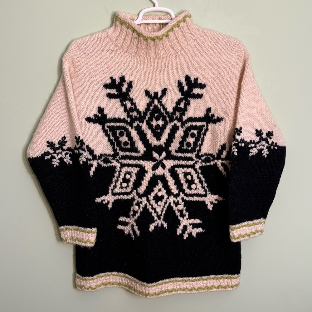 Vintage Express tricot wool high neck, snowflake tunic sweater size S bulky